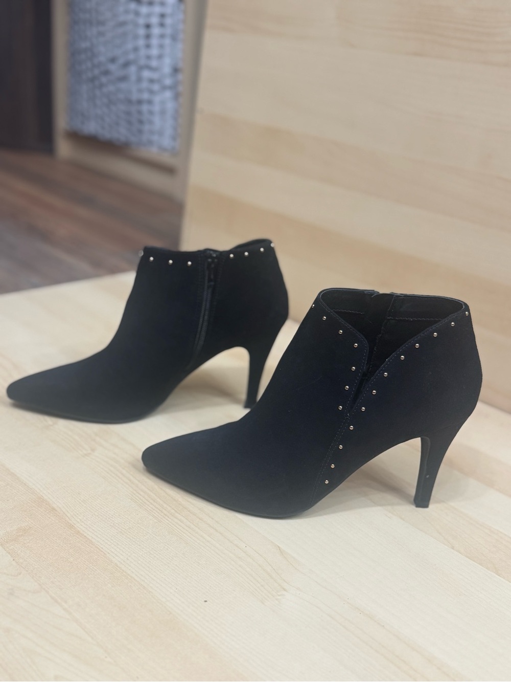 Black Studded Pointed-Toe Women's Ankle Booties